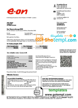 editable template, Germany E.ON Energie electricity utility bill template in Word and PDF format