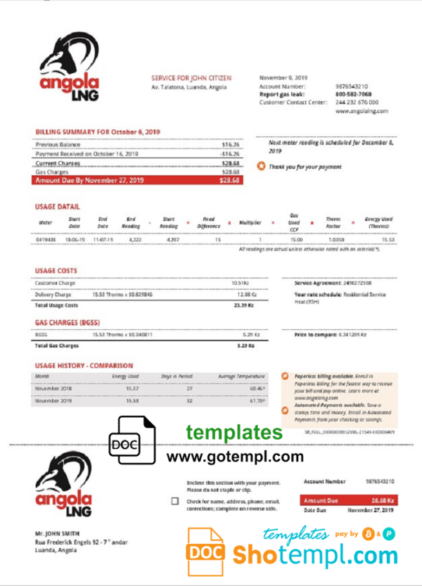 editable template, Angola LNG proof of address utility bill template in Word and PDF format
