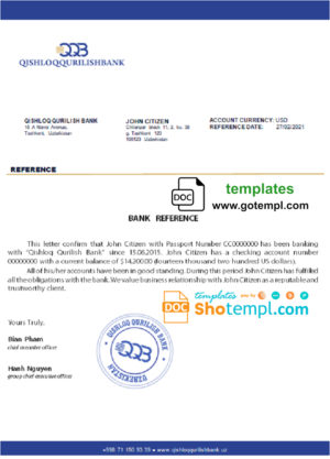 editable template, Uzbekistan Qishloq Qurilish Bank account reference letter template in Word and PDF format