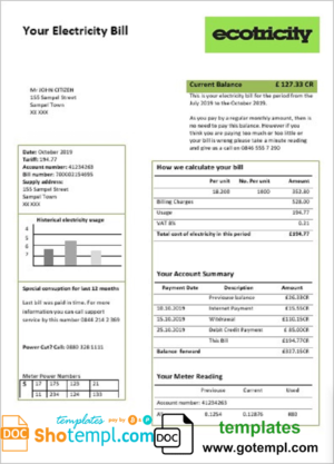 editable template, United Kingdom Ecotricity electricity utility bill template in Word and PDF format (.doc and .pdf)