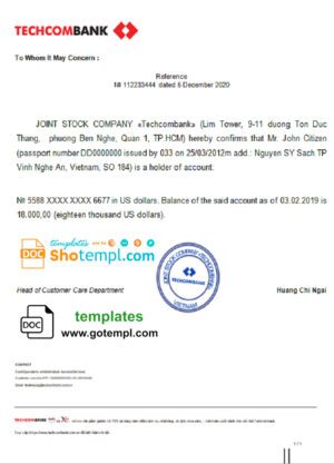 editable template, Vietnam Techcombank bank reference letter template in Word and PDF format