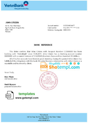editable template, Vietnam Vietinbank bank reference letter template in Word and PDF format