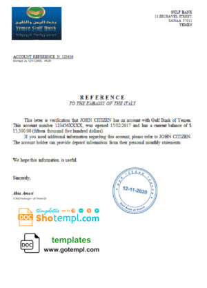 editable template, Yemen Gulf bank account reference letter template in Word and PDF format