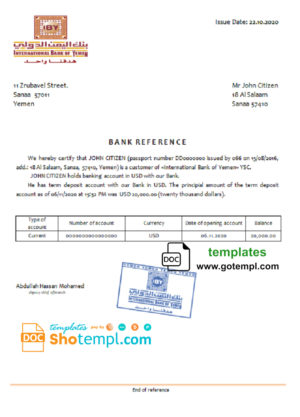 editable template, Yemen International Bank of Yemen bank reference letter template in Word and PDF format