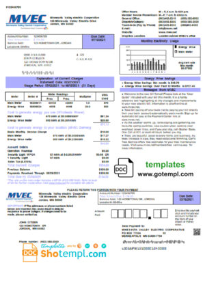 editable template, USA Minnesota Valley Electric Cooperative (MVEC) utility bill template in Word and PDF format