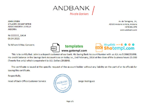 editable template, Andorra Andbank account reference letter template in Word and PDF format