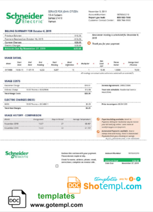 editable template, Yemen Schneider Electric utility bill template in Word and PDF format