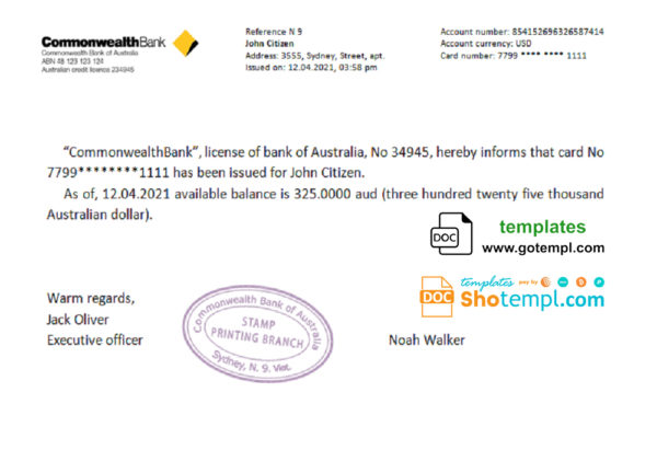 editable template, Australia Commonwealth bank account reference letter template in Word and PDF format