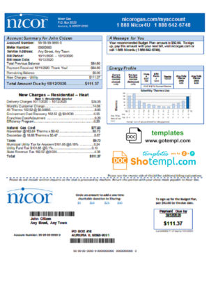 editable template, USA Illinois Nicor gas utility bill template in Word and PDF format