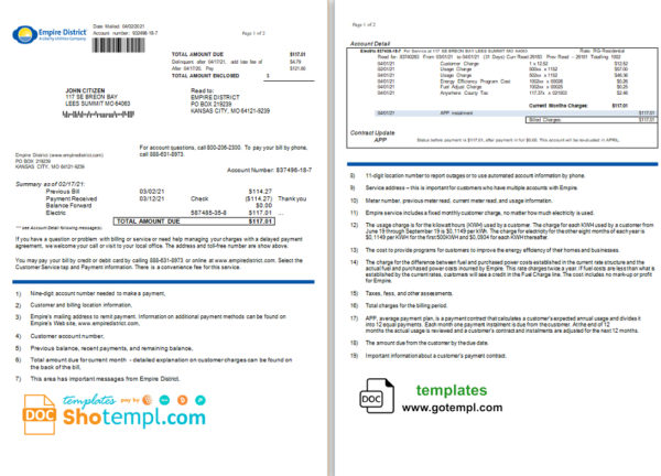 editable template, USA Empire District Electric Company utility bill template in Word and PDF format (2 pages)