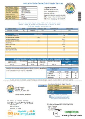 editable template, USA City of Titusville Florida utility bill template in Word and PDF format (.doc and .pdf)