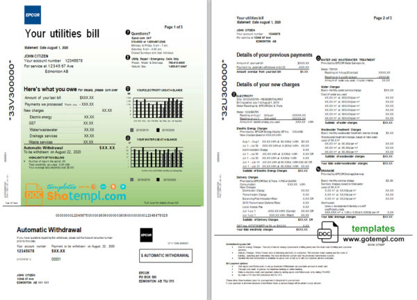 editable template, Canada Epcor electricity utility bill template in Word and PDF format, 3 pages