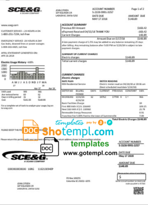 editable template, USA South Carolina SCE&amp;G electricity utility bill template in Word and PDF format