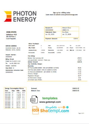 editable template, Czech Republic Photon Energy utility bill template in Word and PDF format