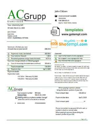 editable template, Estonia AC Grupp OÜ electricity utility bill template in Word and PDF format