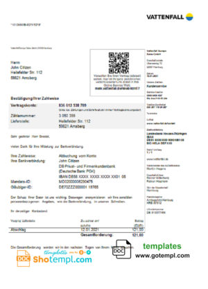 editable template, Germany VATTENFALL utility bill template in Word and PDF format (in German language)