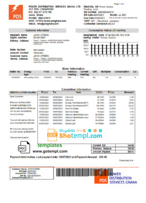 editable template, Ghana PDS electricity utility bill template in Word and PDF format
