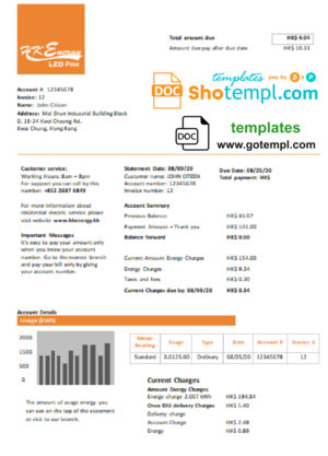 editable template, Hong Kong Energy Ltd utility bill template in Word and PDF format