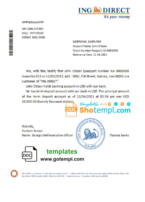 editable template, Australia ING Direct bank account reference letter template in Word and PDF format