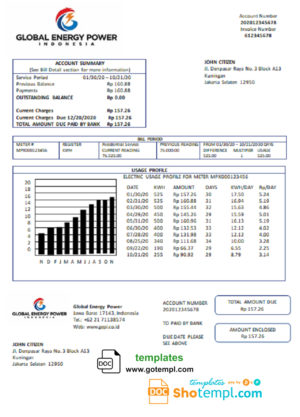 editable template, Indonesia Global Energy Power utility bill template in Word and PDF format