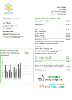 editable template, Israel Green Energy Association of Israel utility bill template in Word and PDF format (doc)