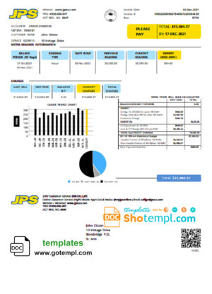 editable template, Jamaica Public Service Company Limited (JPS) electricity utility bill template in Word and PDF format