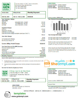 editable template, Japan S-Energy Japan Co. Ltd. Tokyo Branch utility bill template in Word and PDF format