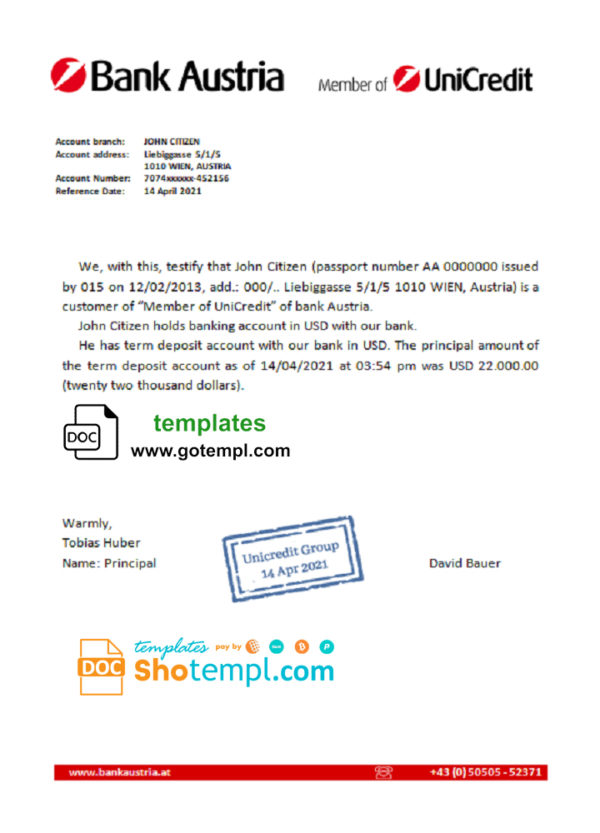 editable template, Austria Bank Austria account reference letter template in Word and PDF format