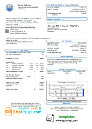 editable template, Kazakhstan Astana Su Arnasy utility bill template in Word and PDF format (.doc and .pdf)
