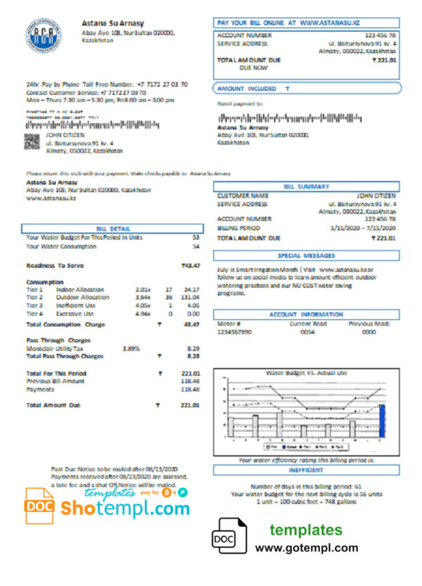 editable template, Kazakhstan Astana Su Arnasy utility bill template in Word and PDF format (.doc and .pdf)