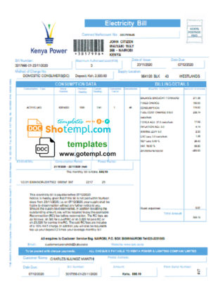 editable template, Kenya Power utility bill template in Word and PDF format