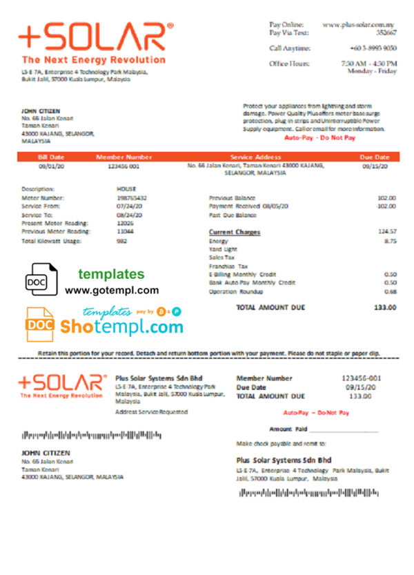 editable template, Malaysia Plus Solar Systems Sdn Bhd utility bill template in Word and PDF format