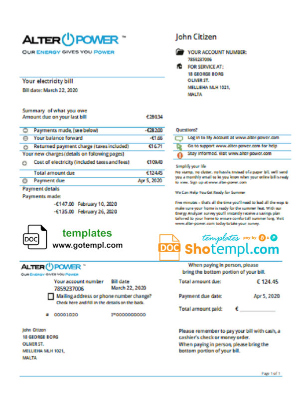 editable template, Malta AlterPower Malta proof of address utility bill template in Word and PDF format