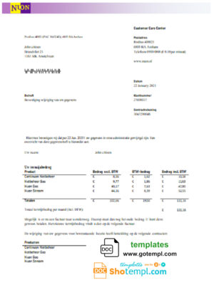 editable template, Netherlands NUON gas utility bill template in Word and PDF format in Dutch language
