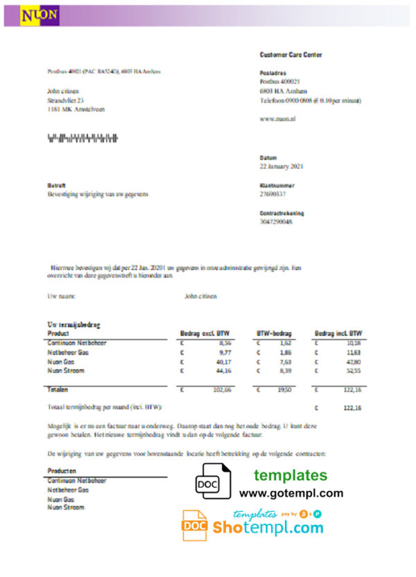 editable template, Netherlands NUON gas utility bill template in Word and PDF format in Dutch language