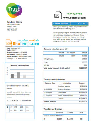 editable template, New Zealand Trustpower utility bill template in Word and PDF format