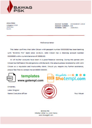 editable template, Austria BAWAG PSK bank account reference letter template in Word and PDF format