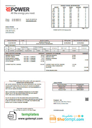 editable template, Switzerland Repower AG utility bill template, fully editable in Word and PDF format
