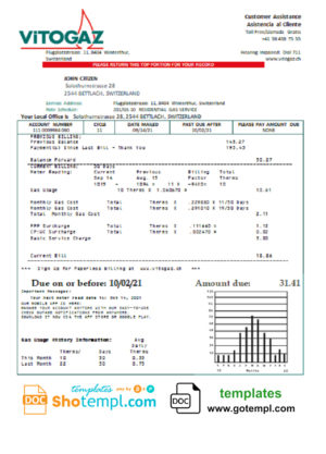 editable template, Switzerland Vitogaz Switzerland AG utility bill template, fully editable in Word and PDF format