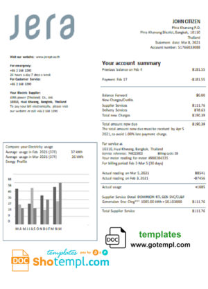 editable template, Thailand JERA power utility bill template in Word and PDF format
