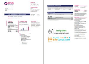editable template, United Kingdom Opus Energy electricity utility bill template in Word and PDF format (2 pages)