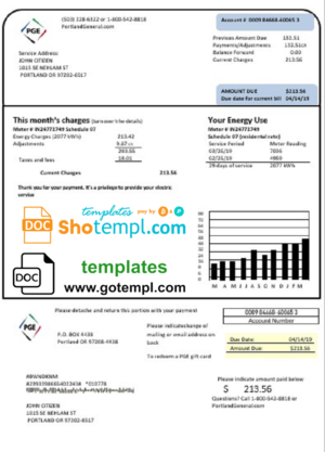 editable template, USA Oregon PGE electricity utility bill template in Word and PDF format