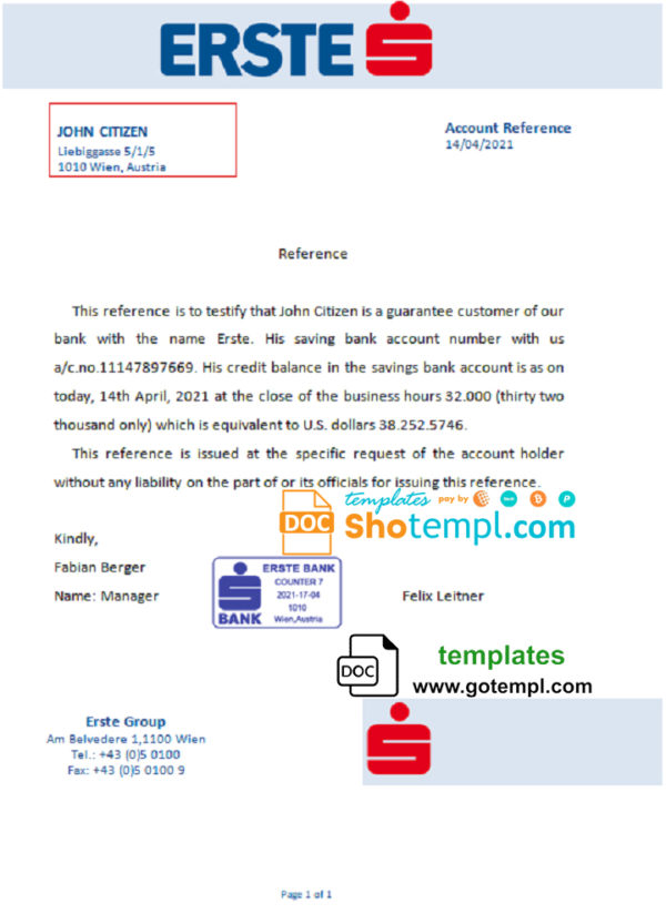 editable template, Austria Erste bank account reference letter template in Word and PDF format