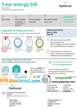editable template, USA Ontario Hydrocan electricity utility bill template in Word and PDF format