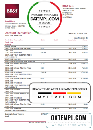 editable template, USA BB&T Corp. bank statement template in Word and PDF format