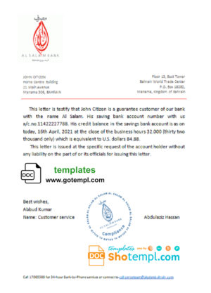 editable template, Bahrain Al Salam bank reference letter template in Word and PDF format