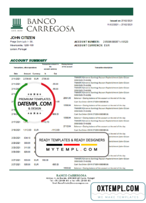 editable template, Portugal Banco Carregosa bank statement template in Excel and PDF format, .xls and .pdf format