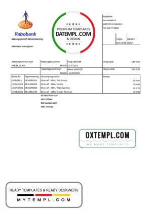 editable template, Netherlands Rabobank bank statement easy to fill template in .xls and .pdf file format