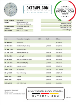 editable template, Liberia Central Bank of Liberia bank statement template in Word and PDF format