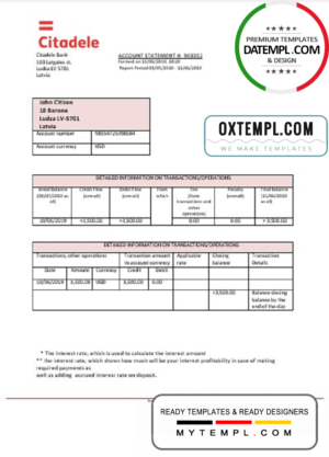 editable template, Latvia Citadele bank statement template, Word and PDF format (.doc and .pdf)